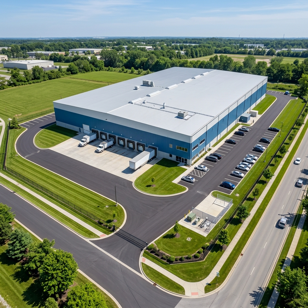Drone view of a completed pre-engineered steel building by Deepika Builtech, Chennai