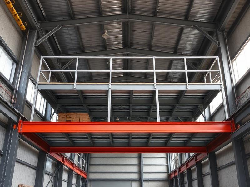 Industrial mezzanine floor with steel columns and safety railings