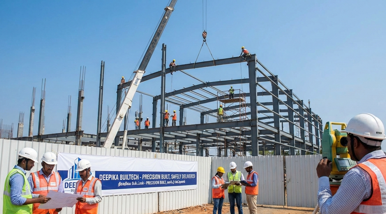 Deepika Builtech team executing steel structure project representing the Construction revolution in Chennai