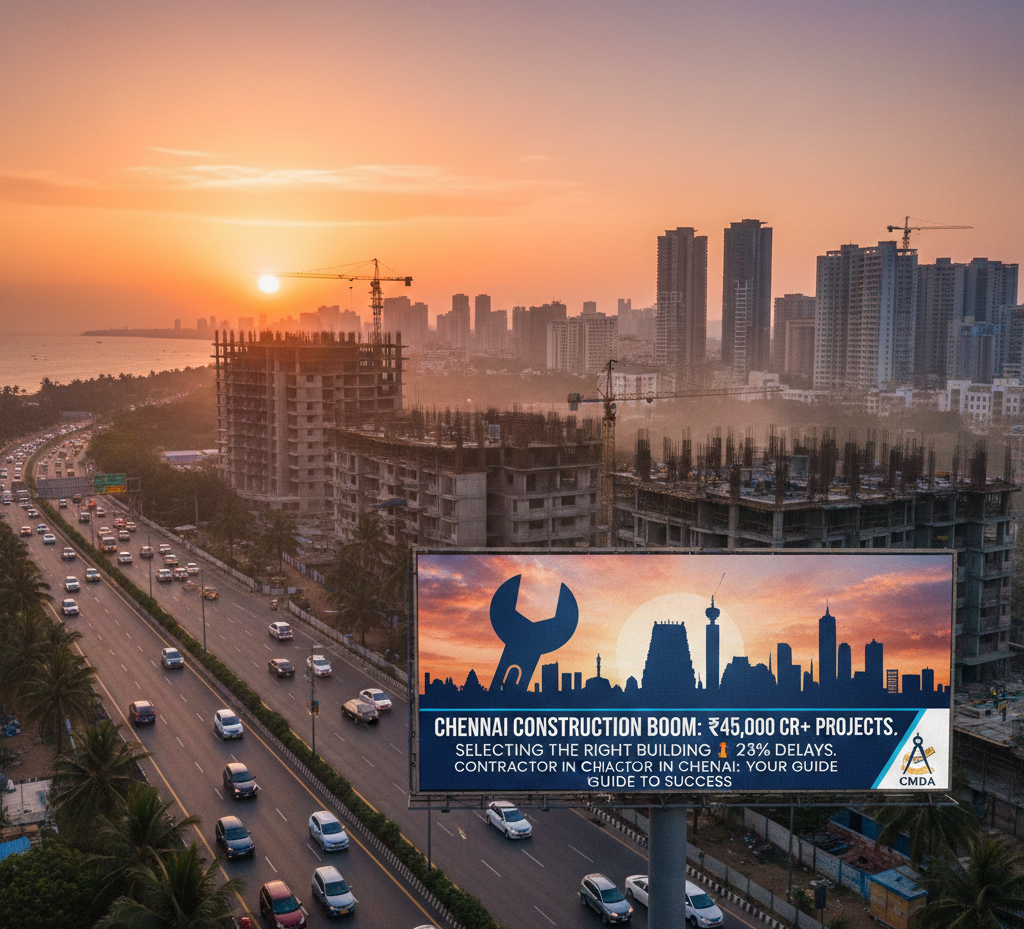 Chennai construction boom skyline with high-rise buildings and active construction sites – Building Contractor in Chennai