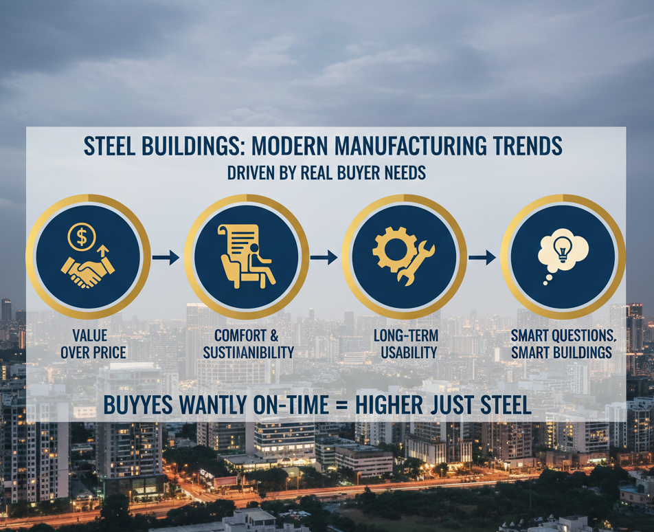 Steel buildings manufacturing trends infographic highlighting value, sustainability, long-term usability, and smart construction decisions