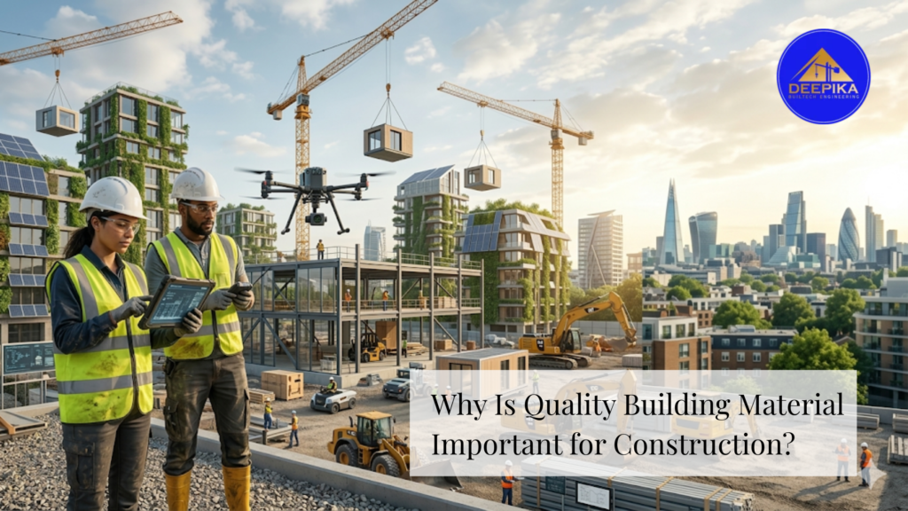 Engineers inspecting construction site using modern technology highlighting the importance of quality building materials in construction
