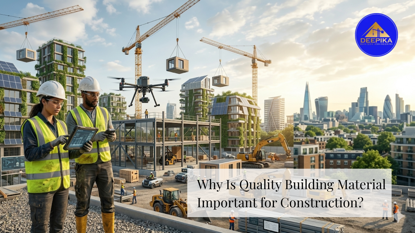 Engineers inspecting construction site using modern technology highlighting the importance of quality building materials in construction