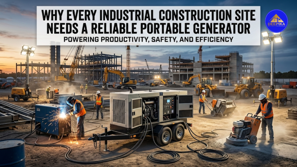 portable generator powering equipment at an industrial construction site for reliable temporary power supply