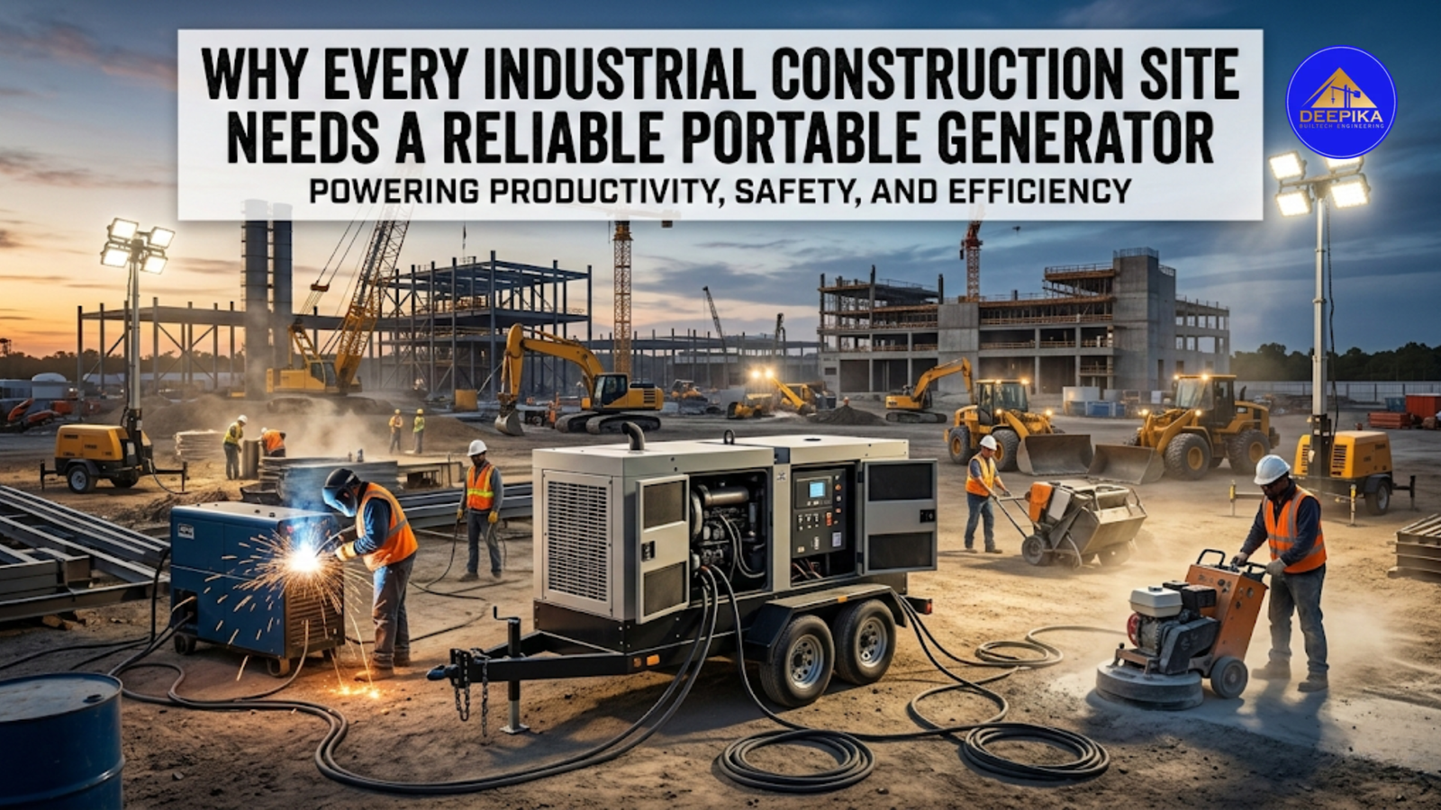 portable generator powering equipment at an industrial construction site for reliable temporary power supply