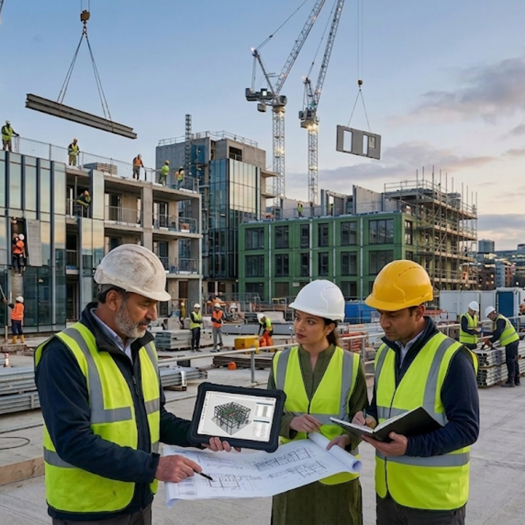 Construction engineers reviewing building plans at a modern construction site highlighting professional construction services