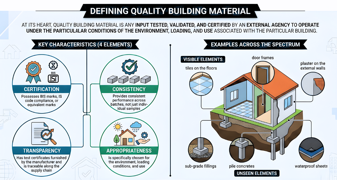 Infographic explaining defining quality building material with key characteristics like certification, consistency, transparency, appropriateness, and visible and unseen construction elements.