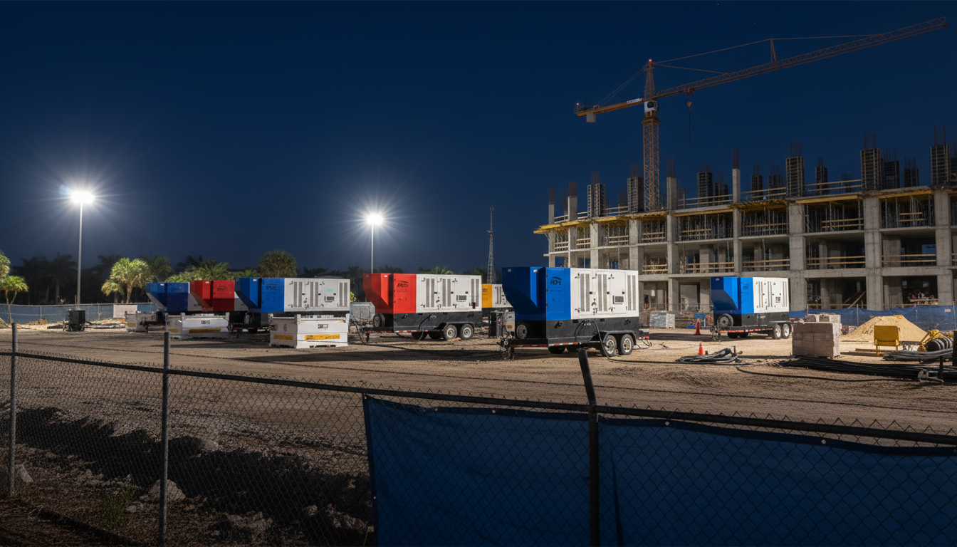 portable generators providing power supply for night construction work at an industrial construction site