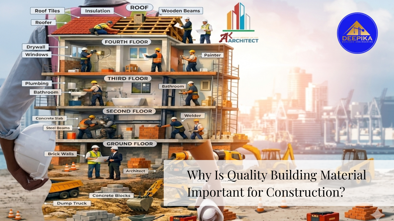 quality building materials used in construction including steel beams, concrete blocks, roof tiles, plumbing, insulation, and structural components