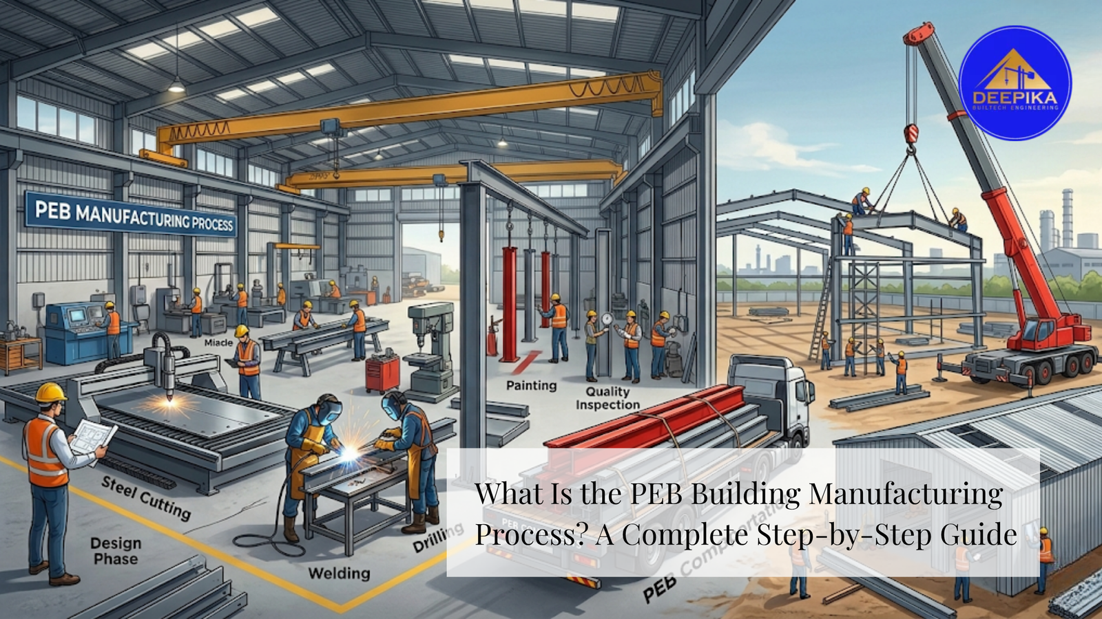 PEB building manufacturing process showing steel fabrication welding painting and erection of industrial structure in Chennai