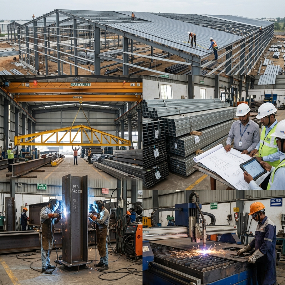 PEB construction process showing steel structure erection fabrication welding and CNC cutting for industrial building in Chennai
