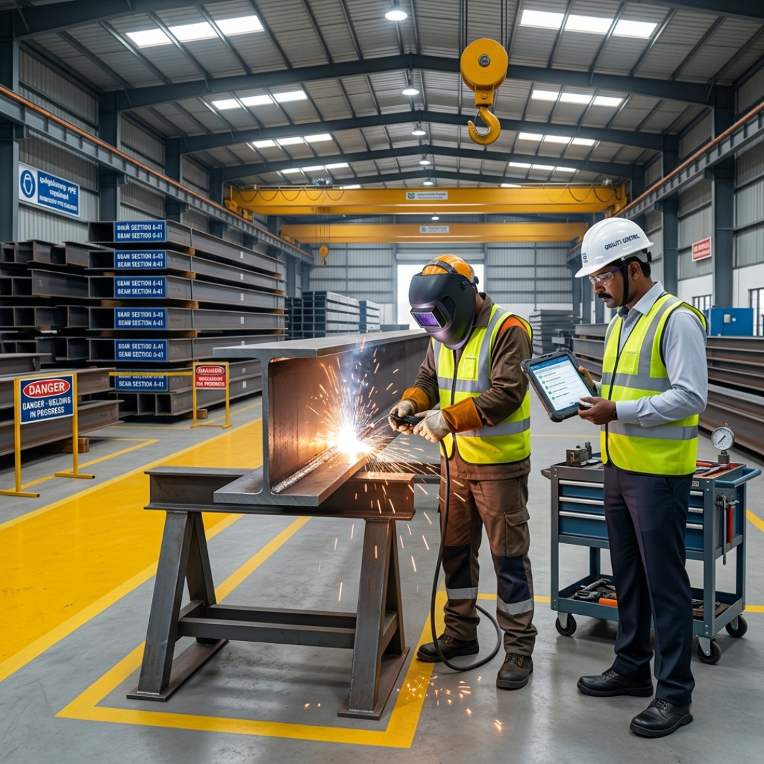 Large Scale PEB Manufacturing showing welding process safety equipment steel fabrication and quality inspection in Chennai