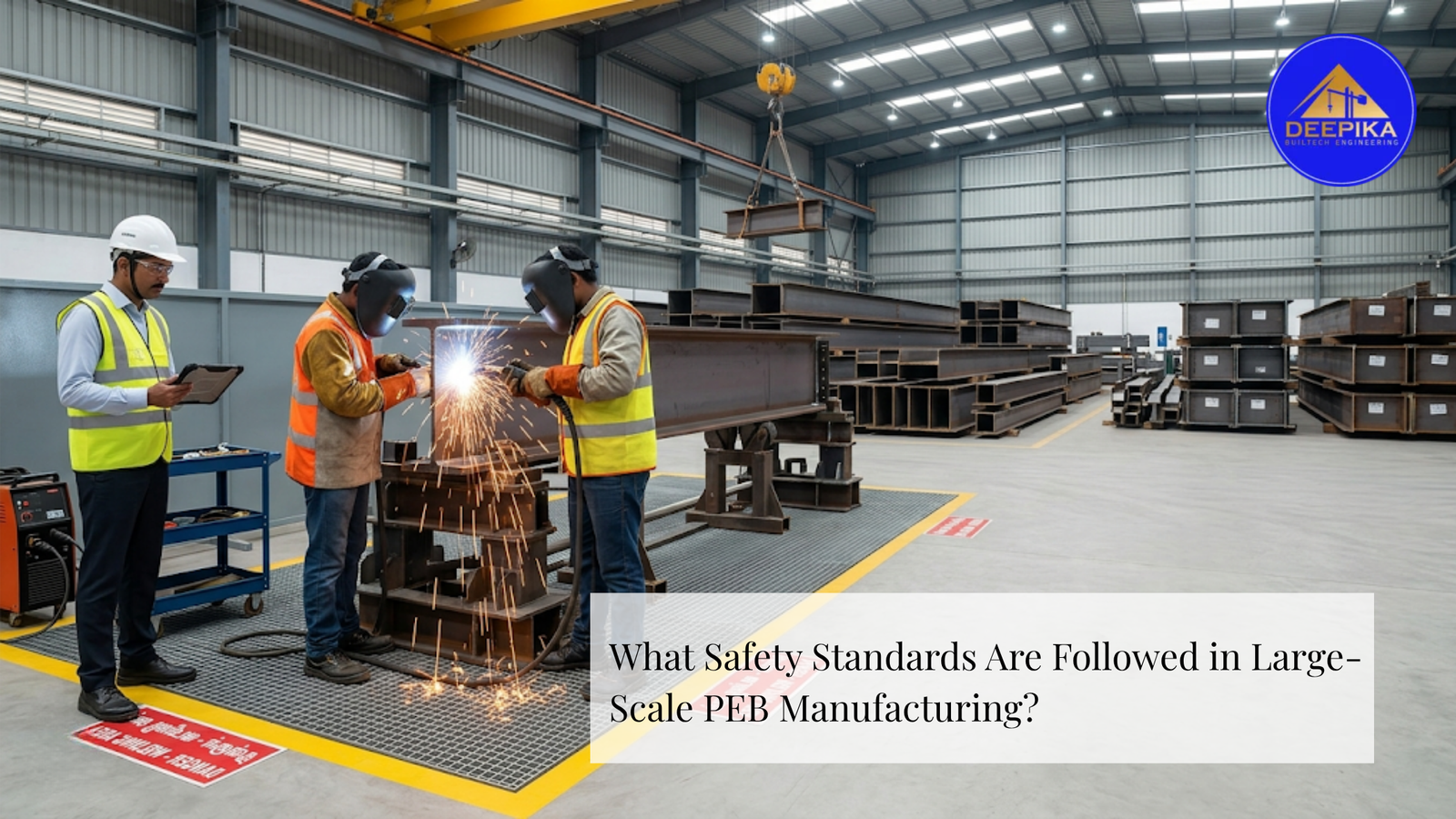 Large Scale PEB Manufacturing showing welding safety practices steel fabrication and quality inspection in Chennai